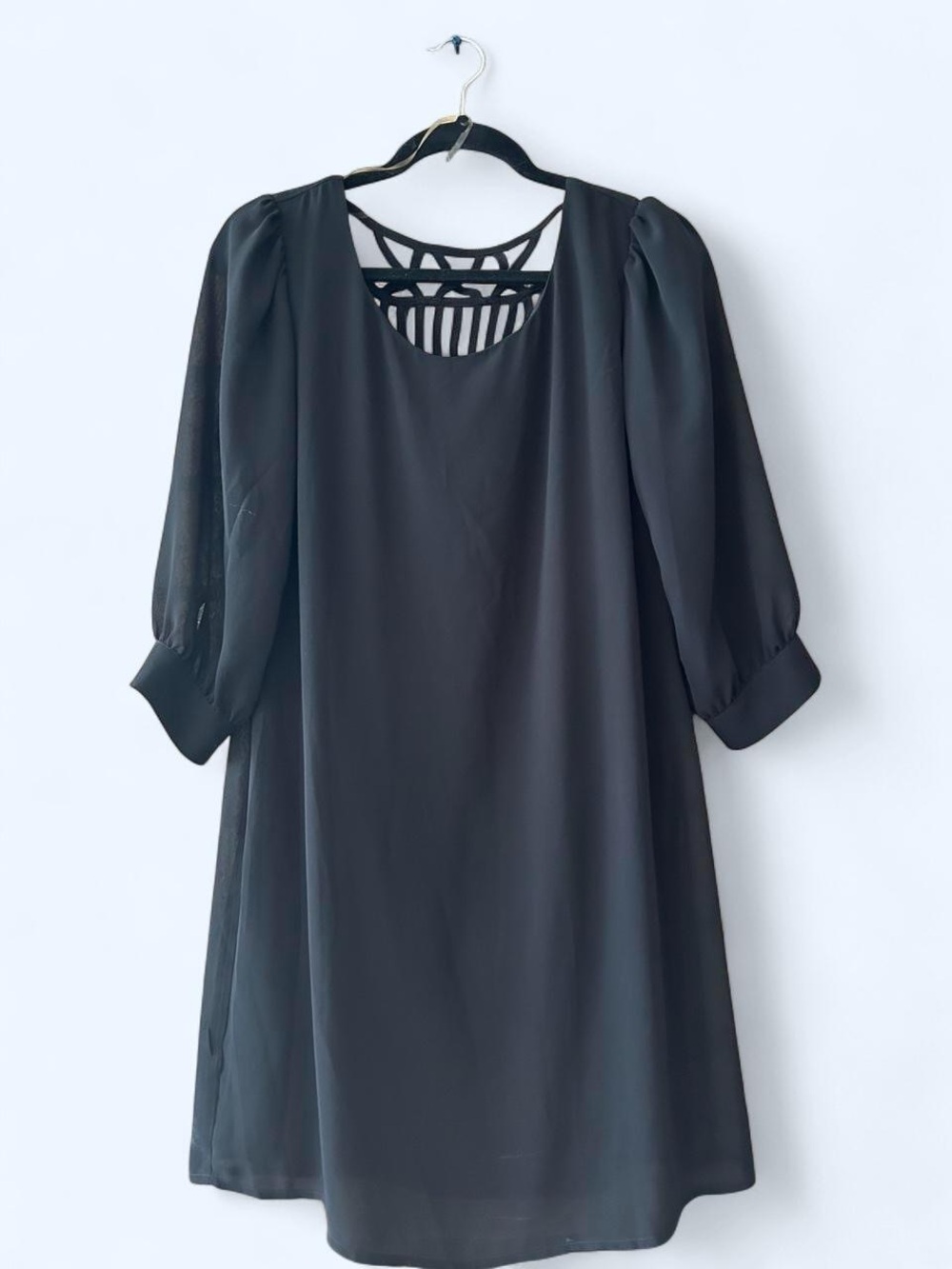 HeartSoul Black Lattice Caged Back Dress Sheer Balloon Sleeve Flowy Mini L